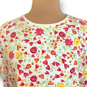 Vintage Just My Size Shirt White Fuchsia Ladybug Floral Heart Print Short Sleeve